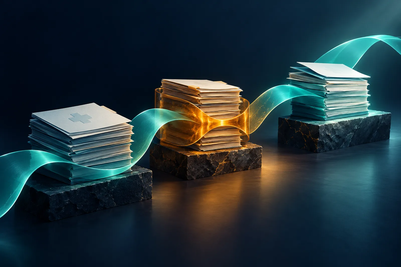 Conceptual illustration of healthcare documents moving through an amber bottleneck toward a clear teal path.