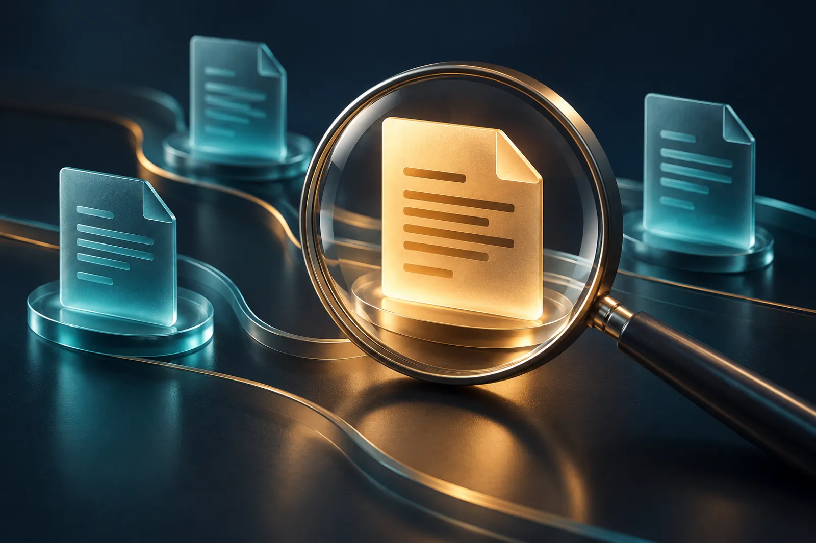 Conceptual magnifying lens highlighting one amber document among several teal client records.